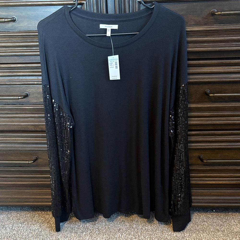 Maurices Black Long Sleeve Top with Sequin Sleeves